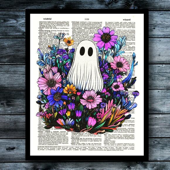 Handmade Other - Creepy Cute Ghost with Flowers Halloween Whimsical Festive Holiday Decor